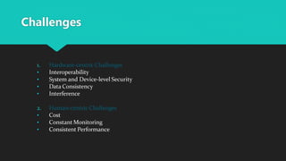 Challenges
1. Hardware-centric Challenges
• Interoperability
• System and Device-level Security
• Data Consistency
• Interference
2. Human-centric Challenges
• Cost
• Constant Monitoring
• Consistent Performance
 