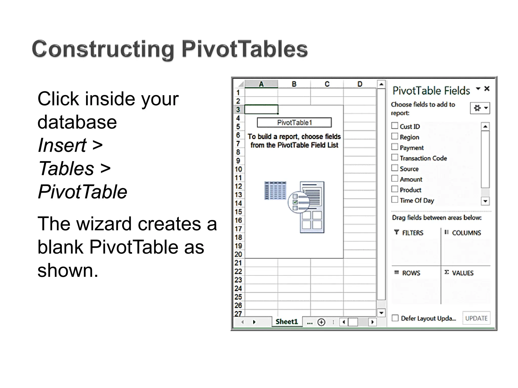 Click inside your
database
Insert >
Tables >
PivotTable
The wizard creates a
blank PivotTable as
shown.
 