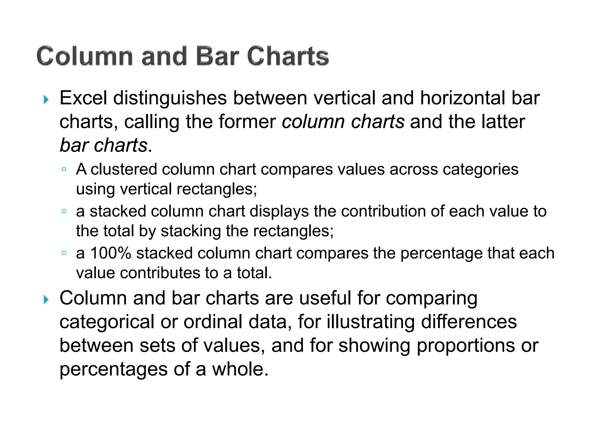 Excel distinguishes between vertical and horizontal bar
charts, calling the former column charts and the latter
bar charts.
◦ A clustered column chart compares values across categories
using vertical rectangles;
◦ a stacked column chart displays the contribution of each value to
the total by stacking the rectangles;
◦ a 100% stacked column chart compares the percentage that each
value contributes to a total.
 Column and bar charts are useful for comparing
categorical or ordinal data, for illustrating differences
between sets of values, and for showing proportions or
percentages of a whole.
 