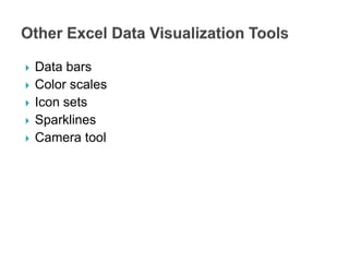  Data bars
 Color scales
 Icon sets
 Sparklines
 Camera tool
 