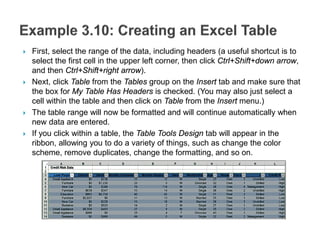  First, select the range of the data, including headers (a useful shortcut is to
select the first cell in the upper left corner, then click Ctrl+Shift+down arrow,
and then Ctrl+Shift+right arrow).
 Next, click Table from the Tables group on the Insert tab and make sure that
the box for My Table Has Headers is checked. (You may also just select a
cell within the table and then click on Table from the Insert menu.)
 The table range will now be formatted and will continue automatically when
new data are entered.
 If you click within a table, the Table Tools Design tab will appear in the
ribbon, allowing you to do a variety of things, such as change the color
scheme, remove duplicates, change the formatting, and so on.
 