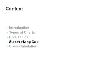  Introduction
 Types of Charts
 Data Tables
 Summarizing Data
 Cross-Tabulation
 