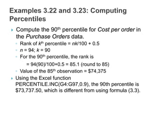  Compute the 90th percentile for Cost per order in
the Purchase Orders data.
◦ Rank of kth percentile = nk/100 + 0.5
◦ n = 94; k = 90
◦ For the 90th percentile, the rank is
= 94(90)/100+0.5 = 85.1 (round to 85)
◦ Value of the 85th observation = $74,375
 Using the Excel function
PERCENTILE.INC(G4:G97,0.9), the 90th percentile is
$73,737.50, which is different from using formula (3.3).
 