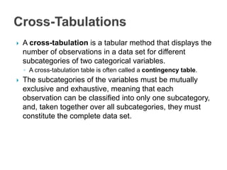  A cross-tabulation is a tabular method that displays the
number of observations in a data set for different
subcategories of two categorical variables.
◦ A cross-tabulation table is often called a contingency table.
 The subcategories of the variables must be mutually
exclusive and exhaustive, meaning that each
observation can be classified into only one subcategory,
and, taken together over all subcategories, they must
constitute the complete data set.
 