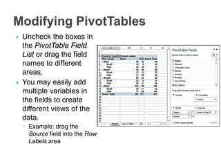  Uncheck the boxes in
the PivotTable Field
List or drag the field
names to different
areas.
 You may easily add
multiple variables in
the fields to create
different views of the
data.
◦ Example: drag the
Source field into the Row
Labels area
 