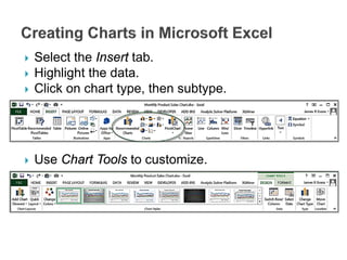  Select the Insert tab.
 Highlight the data.
 Click on chart type, then subtype.
 Use Chart Tools to customize.
 