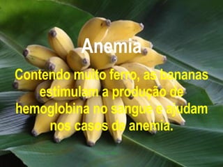 Anemia Contendo muito ferro, as bananas estimulam a produção de hemoglobina no sangue e ajudam nos casos de anemia. 