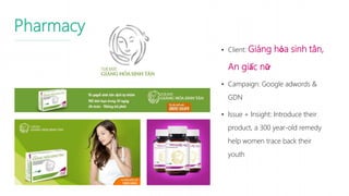 Pharmacy
• Client: Giáng hỏa sinh tân,
An giấc nữ
• Campaign: Google adwords &
GDN
• Issue + Insight: Introduce their
product, a 300 year-old remedy
help women trace back their
youth
 