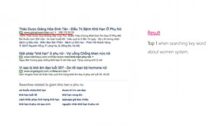 Result
Top 1 when searching key word
about women system.
 