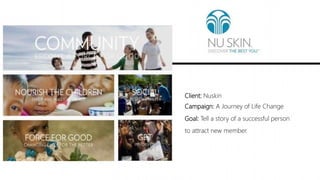 Client: Nuskin
Campaign: A Journey of Life Change
Goal: Tell a story of a successful person
to attract new member.
 
