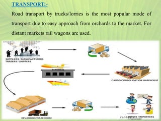 TRANSPORT:-
Road transport by trucks/lorries is the most popular mode of
transport due to easy approach from orchards to the market. For
distant markets rail wagons are used.
2025-10-2016
 