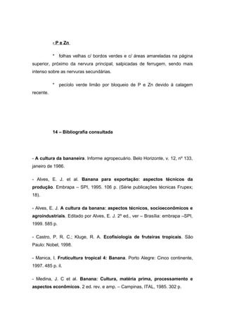 - P e Zn
* folhas velhas c/ bordos verdes e c/ áreas amareladas na página
superior, próximo da nervura principal, salpicadas de ferrugem, sendo mais
intenso sobre as nervuras secundárias.
* pecíolo verde limão por bloqueio de P e Zn devido à calagem
recente.
14 – Bibliografia consultada
- A cultura da bananeira. Informe agropecuário. Belo Horizonte, v. 12, nº 133,
janeiro de 1986.
- Alves, E. J. et al. Banana para exportação: aspectos técnicos da
produção. Embrapa – SPI, 1995. 106 p. (Série publicações técnicas Frupex;
18).
- Alves, E. J. A cultura da banana: aspectos técnicos, socioeconômicos e
agroindustriais. Editado por Alves, E. J. 2º ed., ver – Brasília: embrapa –SPI,
1999. 585 p.
- Castro, P. R. C.; Kluge, R. A. Ecofisiologia de fruteiras tropicais. São
Paulo: Nobel, 1998.
- Manica, I. Fruticultura tropical 4: Banana. Porto Alegre: Cinco continente,
1997. 485 p. il.
- Medina, J. C et al. Banana: Cultura, matéria prima, processamento e
aspectos econômicos. 2 ed. rev. e amp. – Campinas, ITAL, 1985. 302 p.
 