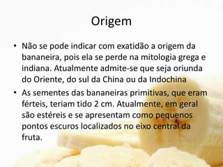 Origem
• Não se pode indicar com exatidão a origem da
bananeira, pois ela se perde na mitologia grega e
indiana. Atualmente admite-se que seja oriunda
do Oriente, do sul da China ou da Indochina
• As sementes das bananeiras primitivas, que eram
férteis, teriam tido 2 cm. Atualmente, em geral
são estéreis e se apresentam como pequenos
pontos escuros localizados no eixo central da
fruta.
 