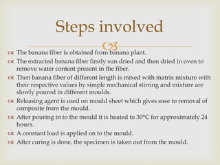  The banana fiber is obtained from banana plant.
 The extracted banana fiber firstly sun dried and then dried in oven to
remove water content present in the fiber.
 Then banana fiber of different length is mixed with matrix mixture with
their respective values by simple mechanical stirring and mixture are
slowly poured in different moulds.
 Releasing agent is used on mould sheet which gives ease to removal of
composite from the mould.
 After pouring in to the mould it is heated to 30°C for approximately 24
hours.
 A constant load is applied on to the mould.
 After curing is done, the specimen is taken out from the mould.
Steps involved
 