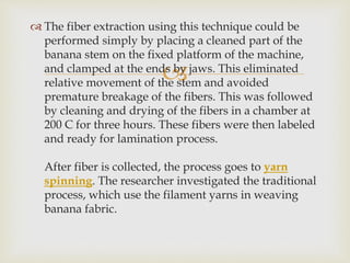 
 The fiber extraction using this technique could be
performed simply by placing a cleaned part of the
banana stem on the fixed platform of the machine,
and clamped at the ends by jaws. This eliminated
relative movement of the stem and avoided
premature breakage of the fibers. This was followed
by cleaning and drying of the fibers in a chamber at
200 C for three hours. These fibers were then labeled
and ready for lamination process.
After fiber is collected, the process goes to yarn
spinning. The researcher investigated the traditional
process, which use the filament yarns in weaving
banana fabric.
 