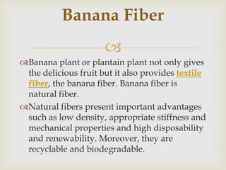 
Banana plant or plantain plant not only gives
the delicious fruit but it also provides textile
fiber, the banana fiber. Banana fiber is
natural fiber.
Natural fibers present important advantages
such as low density, appropriate stiffness and
mechanical properties and high disposability
and renewability. Moreover, they are
recyclable and biodegradable.
Banana Fiber
 
