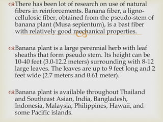 
There has been lot of research on use of natural
fibers in reinforcements. Banana fiber, a ligno-
cellulosic fiber, obtained from the pseudo-stem of
banana plant (Musa sepientum), is a bast fiber
with relatively good mechanical properties.
Banana plant is a large perennial herb with leaf
sheaths that form pseudo stem. Its height can be
10-40 feet (3.0-12.2 meters) surrounding with 8-12
large leaves. The leaves are up to 9 feet long and 2
feet wide (2.7 meters and 0.61 meter).
Banana plant is available throughout Thailand
and Southeast Asian, India, Bangladesh,
Indonesia, Malaysia, Philippines, Hawaii, and
some Pacific islands.
 