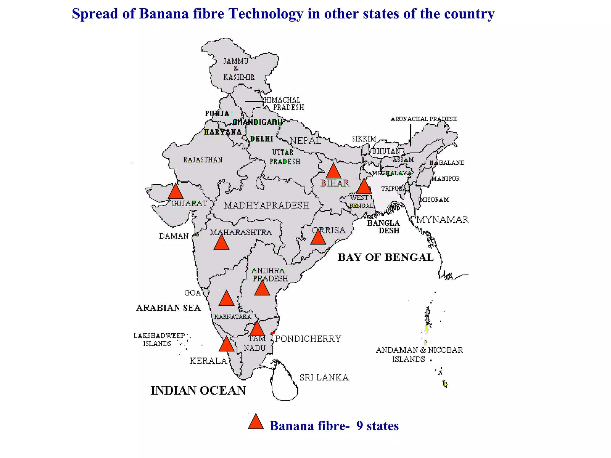 Banana fibre- 9 states
Spread of Banana fibre Technology in other states of the country
 
