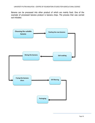 UNIVERSITI PUTRA MALAYSIA - CENTRE OF FOUNDATION STUDIES FOR AGRICULTURAL SCIENCE
Page 26
Banana can be processed into other product of which are mainly food. One of the
example of processed banana product is banana chips. The process that was carried
out includes:
 