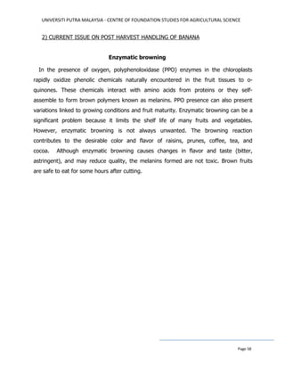 UNIVERSITI PUTRA MALAYSIA - CENTRE OF FOUNDATION STUDIES FOR AGRICULTURAL SCIENCE
Page 58
2) CURRENT ISSUE ON POST HARVEST HANDLING OF BANANA
Enzymatic browning
In the presence of oxygen, polyphenoloxidase (PPO) enzymes in the chloroplasts
rapidly oxidize phenolic chemicals naturally encountered in the fruit tissues to o-
quinones. These chemicals interact with amino acids from proteins or they self-
assemble to form brown polymers known as melanins. PPO presence can also present
variations linked to growing conditions and fruit maturity. Enzymatic browning can be a
significant problem because it limits the shelf life of many fruits and vegetables.
However, enzymatic browning is not always unwanted. The browning reaction
contributes to the desirable color and flavor of raisins, prunes, coffee, tea, and
cocoa. Although enzymatic browning causes changes in flavor and taste (bitter,
astringent), and may reduce quality, the melanins formed are not toxic. Brown fruits
are safe to eat for some hours after cutting.
 