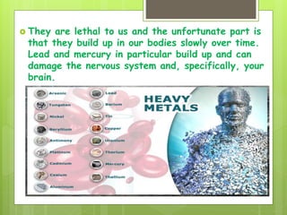  They are lethal to us and the unfortunate part is
that they build up in our bodies slowly over time.
Lead and mercury in particular build up and can
damage the nervous system and, specifically, your
brain.
 