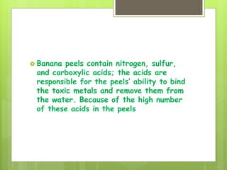  Banana peels contain nitrogen, sulfur,
and carboxylic acids; the acids are
responsible for the peels’ ability to bind
the toxic metals and remove them from
the water. Because of the high number
of these acids in the peels
 