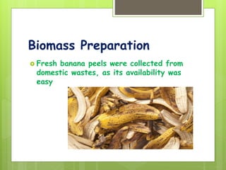 Biomass Preparation
 Fresh banana peels were collected from
domestic wastes, as its availability was
easy
 