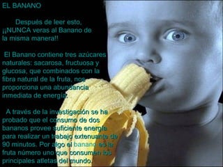 EL BANANO           Después de leer esto,  ¡¡NUNCA veras al Banano de la misma manera!!  El Banano contiene tres azúcares naturales: sacarosa, fructuosa y glucosa, que combinados con la fibra natural de la fruta, nos proporciona una abundancia inmediata de energía.   A través de la investigación se ha probado que el consumo de dos  bananos provee suficiente energía para realizar un trabajo extenuante de 90 minutos. Por algo el  banano  es la fruta número uno que consumen los principales atletas del mundo. 