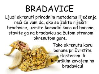 BRADAVICE
Ljudi okrenuti prirodnim metodama liječenja
     reći će vam da, ako se želite riješiti
 bradavice, uzmite komadić kore od banane,
  stavite ga na bradavicu sa žutom stranom
               okrenutom gore.
                      Tako okrenutu koru
                      banane pričvrstite
                         flasterom ili
                     kirurškim zavojem na
                          bradavicu!
 