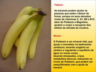 Tabaco:
As bananas podem ajudar as
pessoas que estão a deixar de
fumar, porque os seus elevados
níveis de vitaminas C, A1, B6 e B12,
além de Potássio e Magnésio,
ajudam o corpo a recuperar dos
efeitos da retirada da nicotina.
Stress:
O Potássio é um mineral vital, que
ajuda a normalizar os batimentos
cardíacos, levando oxigénio ao
cérebro e regulando o equilíbrio de
água no nosso corpo.
Quando stressados, a taxa
metabólica eleva-se, reduzindo os
níveis de Potássio, que podem ser
reequilibrados com a ajuda da
banana.

 