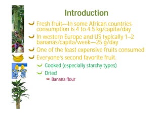 Introduction 
Fresh fruit—In some African countries 
consumption is 4 to 4.5 kg/capita/day 
In western Europe and US typically 1–2 
bananas/capita/week—25 g/day 
One of the least expensive fruits consumed 
Everyone’s second favorite fruit. 
Cooked (especially starchy types) 
Dried 
Banana flour 
 