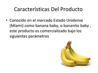 Características Del Producto  Conocido en el mercado Estado Unidense (Miami) como banana baby, o bananito baby , este producto es comercializado bajo los siguientes parámetros  