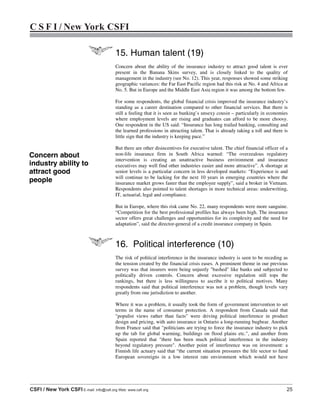 C S F I / New York CSFI
CSFI / New York CSFI E-mail: info@csfi.org Web: www.csfi.org 25
15. Human talent (19)
Concern about the ability of the insurance industry to attract good talent is ever
present in the Banana Skins survey, and is closely linked to the quality of
management in the industry (see No. 12). This year, responses showed some striking
geographic variances: the Far East Pacific region had this risk at No. 4 and Africa at
No. 5. But in Europe and the Middle East Asia region it was among the bottom few.
For some respondents, the global financial crisis improved the insurance industry’s
standing as a career destination compared to other financial services. But there is
still a feeling that it is seen as banking’s unsexy cousin – particularly in economies
where employment levels are rising and graduates can afford to be more choosy.
One respondent in the US said: “Insurance has long trailed banking, consulting and
the learned professions in attracting talent. That is already taking a toll and there is
little sign that the industry is keeping pace.”
But there are other disincentives for executive talent. The chief financial officer of a
non-life insurance firm in South Africa warned: “The overzealous regulatory
intervention is creating an unattractive business environment and insurance
executives may well find other industries easier and more attractive”. A shortage at
senior levels is a particular concern in less developed markets: “Experience is and
will continue to be lacking for the next 10 years in emerging countries where the
insurance market grows faster than the employee supply”, said a broker in Vietnam.
Respondents also pointed to talent shortages in more technical areas: underwriting,
IT, actuarial, legal and compliance.
But in Europe, where this risk came No. 22, many respondents were more sanguine.
“Competition for the best professional profiles has always been high. The insurance
sector offers great challenges and opportunities for its complexity and the need for
adaptation”, said the director-general of a credit insurance company in Spain.
16. Political interference (10)
The risk of political interference in the insurance industry is seen to be receding as
the tension created by the financial crisis eases. A prominent theme in our previous
survey was that insurers were being unjustly "bashed" like banks and subjected to
politically driven controls. Concern about excessive regulation still tops the
rankings, but there is less willingness to ascribe it to political motives. Many
respondents said that political interference was not a problem, though levels vary
greatly from one jurisdiction to another.
Where it was a problem, it usually took the form of government intervention to set
terms in the name of consumer protection. A respondent from Canada said that
"populist views rather than facts" were driving political interference in product
design and pricing, with auto insurance in Ontario a long-running bugbear. Another
from France said that "politicians are trying to force the insurance industry to pick
up the tab for global warming, buildings on flood plains etc.", and another from
Spain reported that "there has been much political interference in the industry
beyond regulatory pressure". Another point of interference was on investment: a
Finnish life actuary said that “the current situation pressures the life sector to fund
European sovereigns in a low interest rate environment which would not have
Concern about
industry ability to
attract good
people
 
