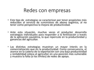 Redes con empresas
 Este tipo de estrategias se caracterizan por tener propósitos más
reducidos al servicio de suministros de abono orgánico, al no
tener como perspectiva la mejora de productividad.
 Ante esta situación, muchas veces el productor desarrolla
estrategias individuales para responder a la fertilización a través
de la aplicación paulatina, lo que repercute en la productividad y
ganancias del agricultor.
 Las distintas estrategias muestran un mayor interés en la
comercialización que en la productividad. Como consecuencia, el
avance en la cadena de la exportación con una baja productividad
y rentabilidad coloca al agricultor en una posición más vulnerable
y muestra la falta (o los límites) de redes de apoyo.
 