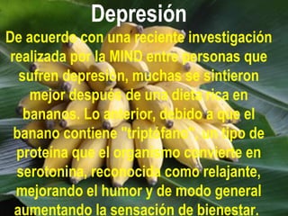 Depresión
De acuerdo con una reciente investigación
realizada por la MIND entre personas que
sufren depresión, muchas se sintieron
mejor después de una dieta rica en
bananos. Lo anterior, debido a que el
banano contiene "triptófano", un tipo de
proteína que el organismo convierte en
serotonina, reconocida como relajante,
mejorando el humor y de modo general
aumentando la sensación de bienestar.
 