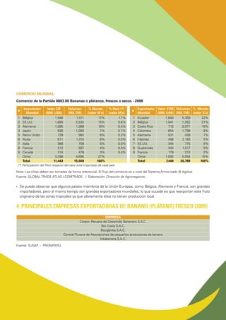 COMERCIO MUNDIAL:
Comercio de la Partida 0803.00 Bananas o plátanos, frescos o secos - 2008
#
Importador
Mundial
Valor CIF
(Mill. US$)
Volumen
(Mil.TM)
% Mundo
(valor M’s)
% Perú (*)
(valor M’s)
1 Bélgica 1,946 1,511 17% 1.7%
2 EE.UU. 1,685 2,532 15% 0.8%
3 Alemania 1,095 1,389 10% 0.4%
4 Japón 826 1,093 7% 0.7%
5 Reino Unido 729 992 6% 0.2%
6 Rusia 671 1,015 6% 0.0%
7 Italia 566 708 5% 0.0%
8 Francia 512 597 4% 0.0%
9 Canadá 314 478 3% 0.4%
  Otros 3,098 4,695 27%  
  Total 11,443 15,009 100%  
(*) Participación del Perú respecto del valor total importado de cada país.
Nota: Las cifras deben ser tomadas de forma referencial. El flujo del comercio es a nivel del Sistema Armonizado (6 dígitos)
Fuente: GLOBAL TRADE ATLAS / COMTRADE. / Elaboración: Dirección de Agronegocios.
•	 Se puede observar que algunos países miembros de la Unión Europea, como Bélgica, Alemania y Francia, son grandes
importadores, pero al mismo tiempo son grandes exportadores mundiales, lo que sucede es que reexportan este fruto
originario de las zonas tropicales ya que obviamente ellos no tienen producción local.
4. PRINCIPALES EMPRESAS EXPORTADORAS DE BANANO (PLÁTANO) FRESCO (2009)
EMPRESA
Corpor. Peruana de Desarrollo Bananero S.A.C.
Bio Costa S.A.C.
Biorgànika S.A.C.
Central Piurana de Asociaciones de pequeños productores de banano
Inkabanana S.A.C.
Fuente: SUNAT - PROMPERÚ.
#
Exportador
Mundial
Valor FOB
(Mill. US$)
Volumen
(Mil.TM)
% Mundo
(valor X’s)
1 Ecuador 1,640 5,358 22%
2 Bélgica 1,541 1,352 21%
3 Costa Rica 712 2,071 10%
4 Colombia 654 1,798 9%
5 Alemania 531 439 7%
6 Filipinas 406 2,193 5%
7 EE.UU. 344 775 5%
8 Guatemala 344 1,517 5%
9 Francia 179 212 2%
  Otros 1,093 5,054 15%
  Total 7,444 20,769 100%
 