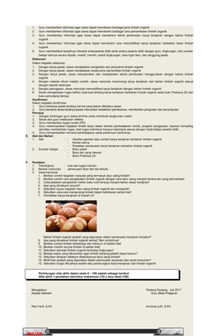 PrakaryaPrakarya 2A2A
23
WAJARWAJAR
1. Guru memberikan informasi agar siswa dapat memahami berbagai jenis limbah organik
2. Guru memberikan informasi agar siswa dapat memahami berbagai cara pemanfaatan limbah organik
3. Guru memberikan informasi agar siswa dapat memahami teknik pembuatan karya kerajinan dengan bahan limbah
organik
4. Guru memberikan informasi agar siswa dapat memahami cara memodifikasi karya kerajinan berbahan dasar limbah
organik
5. Guru memfasilitasi terjadinya interaksi antarpeserta didik serta antara peserta didik dengan guru, lingkungan, dan sumber
belajar lainnya secara disiplin, kreatif, mandiri, peduli lingkungan, rasa ingin tahu, dan tanggung jawab
Elaborasi:
Dalam kegiatan elaborasi:
1. Dengan tanya jawab, siswa menjelaskan pengertian dan jenis-jenis limbah organik
2. Dengan tanya jawab, siswa menjelaskan aneka jenis pemanfatan limbah organik
3. Dengan tanya jawab, siswa menyebutkan dan menjelaskan teknik pembuatan menggunakan dengan bahan limbah
organik
4. Dengan metode inkuiri melalui contoh, siswa mencoba merancang karya kerajinan dari bahan limbah organik sesuai
dengan daerah setempat
5. Dengan penugasan, siswa mencoba memodifikasi karya kerajinan dengan bahan limbah organik
6. Siswa mengerjakan tugas latihan soal-soal tentang karya kerajinan berbahan limbah organik pada buku Prakarya 2A dan
buku penunjang lainnya
Konfirmasi
Dalam kegiatan konfirmasi:
1. Guru bertanya jawab tentang hal-hal yang belum diketahui siswa
2. Guru bersama siswa bertanya jawab meluruskan kesalahan pemahaman, memberikan penguatan dan penyimpulan
Penutup
1. Dengan bimbingan guru siswa diminta untuk membuat rangkuman materi
2. Siswa dan guru melakukan refleksi
3. Guru memberikan tugas rumah (PR)
4. Guru merencanakan kegiatan tindak lanjut dalam bentuk pembelajaran remidi, program pengayaan, layanan konseling
dan/atau memberikan tugas, baik tugas individual maupun kelompok sesuai dengan hasil belajar peserta didik
5. Guru menyampaikan rencana pembelajaran pada pertemuan berikutnya
E. Alat dan Bahan
1. Alat : - Gambar-gambar atau contoh karya kerajinan berbahan limbah organik
- Kertas warna
- Peralatan pembuatan karya kerajinan berbahan limbah organik
2. Sumber belajar : - Buku paket
- Buku lain yang relevan
- Buku Prakarya 2A
F. Penilaian
1. Teknik/jenis : kuis dan tugas individu
2. Bentuk instrumen : pertanyaan lisan dan tes tertulis
3. Instrumen/soal :
1. Berikan contoh kegiatan manusia yang termasuk daur ulang limbah!
2. Berikan contoh cara pengelolaan limbah organik dengan cara daur ulang menjadi bentuk lain yang bermanfaat!
3. Coba jelaskan pengolahan bahan baku kulit kerang menjadi bahan dasar kerajinan!
4. Apa yang dimaksud recycle?
5. Sebutkan tujuan kegiatan daur ulang limbah organik dan anorganik!
6. Sebutkan cara-cara mengurangi limbah dalam kehidupan sehari-hari!
7. Perhatikan karya kerajinan di bawah ini!
Bahan limbah organik apakah yang digunakan dalam pembuatan kerajinan tersebut?
8. Apa yang dimaksud limbah organik kering? Beri contohnya!
9. Berikan contoh limbah berbahaya dan beracun di sekitar kita!
10. Berikan contoh recycle limbah di sekitar kita!
11. Sebutkan dampak limbah organik terhadap lingkungan!
12. Berapa waktu yang dibutuhkan agar limbah kantong plastik dapat hancur?
13. Sebutkan tahapan sebelum dilakukannya daur ulang limbah!
14. Motif hias apakah yang digunakan dalam pembuatan anyaman dari serat tumbuhan?
15. Sebutkan fungsi dibuatnya wadah atau pembungkus karya kerajinan dari limbah organik!
Perhitungan nilai akhir dalam skala 0 – 100 adalah sebagai berikut:
Nilai akhir = perolehan skor/skor maksimum (70) x skor ideal (100)
Mengetahui
Kepala Sekolah
Padang Panjang, Juli 2017
Guru Mata Pelajaran
Rita Yanti, S.Pd Arvianal Jufri, S.Pd
 
