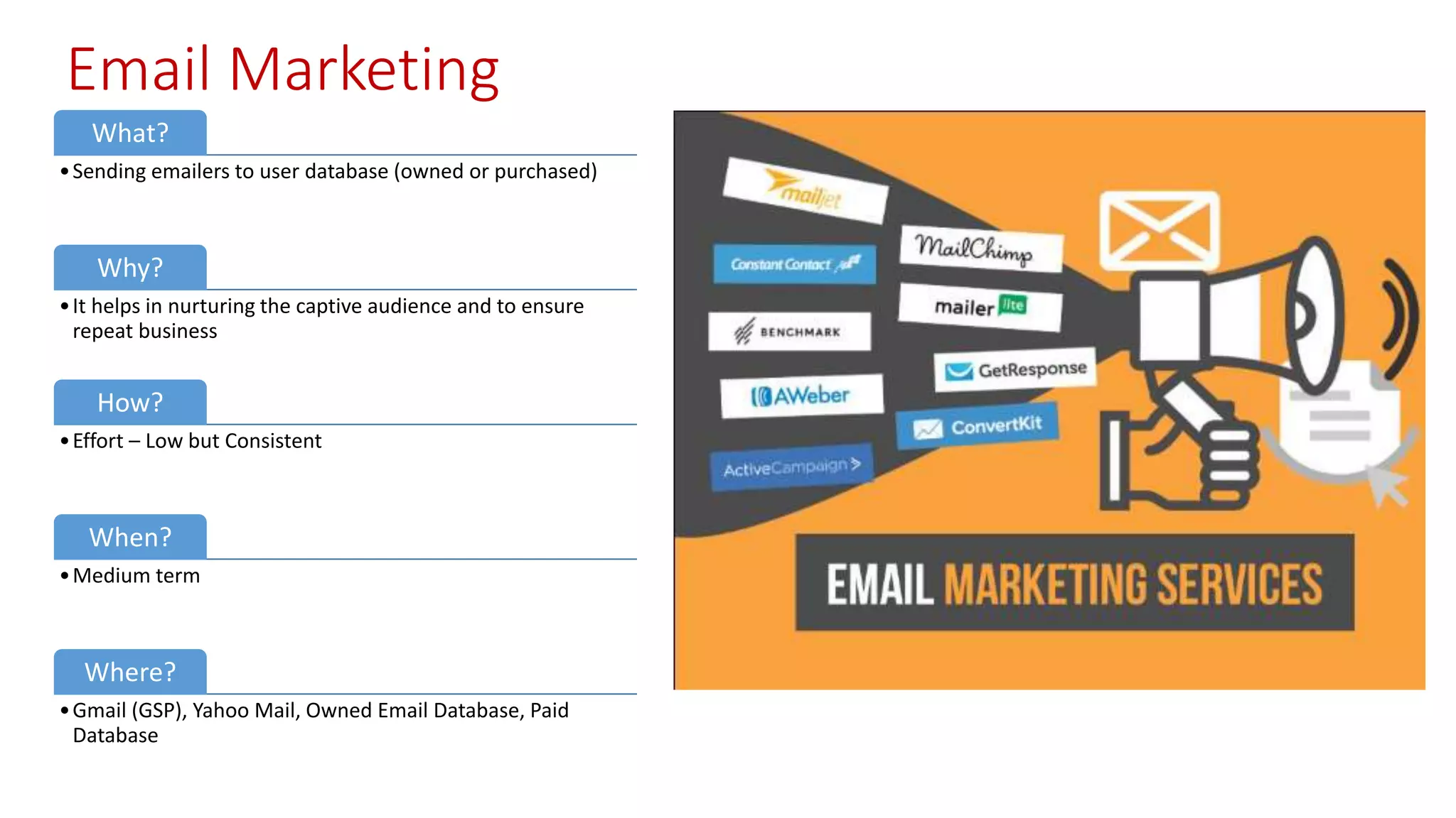 Email Marketing
What?
•Sending emailers to user database (owned or purchased)
Why?
•It helps in nurturing the captive audience and to ensure
repeat business
How?
•Effort – Low but Consistent
When?
•Medium term
Where?
•Gmail (GSP), Yahoo Mail, Owned Email Database, Paid
Database
 