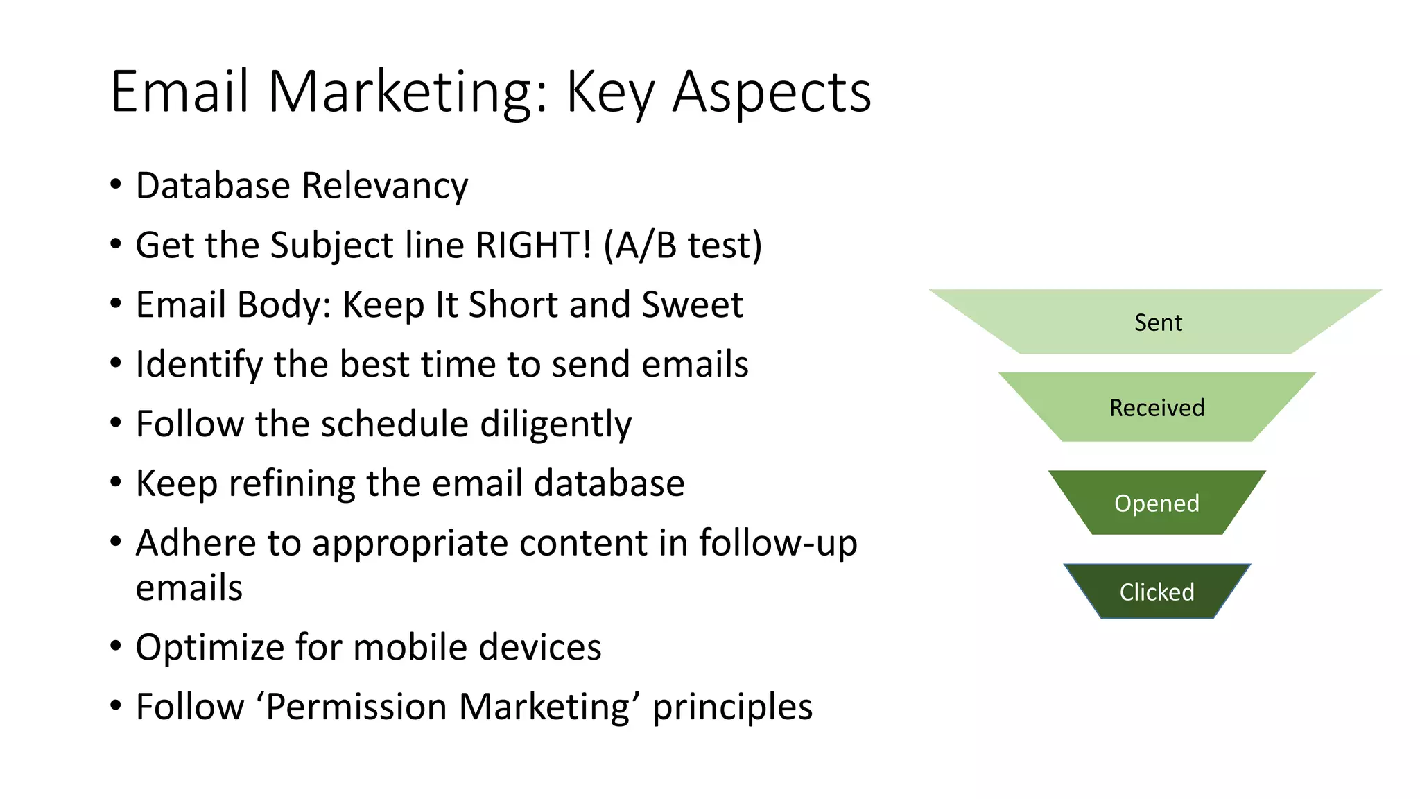 Email Marketing: Key Aspects
• Database Relevancy
• Get the Subject line RIGHT! (A/B test)
• Email Body: Keep It Short and Sweet
• Identify the best time to send emails
• Follow the schedule diligently
• Keep refining the email database
• Adhere to appropriate content in follow-up
emails
• Optimize for mobile devices
• Follow ‘Permission Marketing’ principles
Sent
Received
Opened
Clicked
 