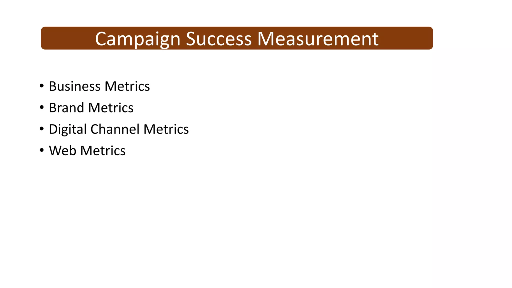 Campaign Success Measurement
• Business Metrics
• Brand Metrics
• Digital Channel Metrics
• Web Metrics
 
