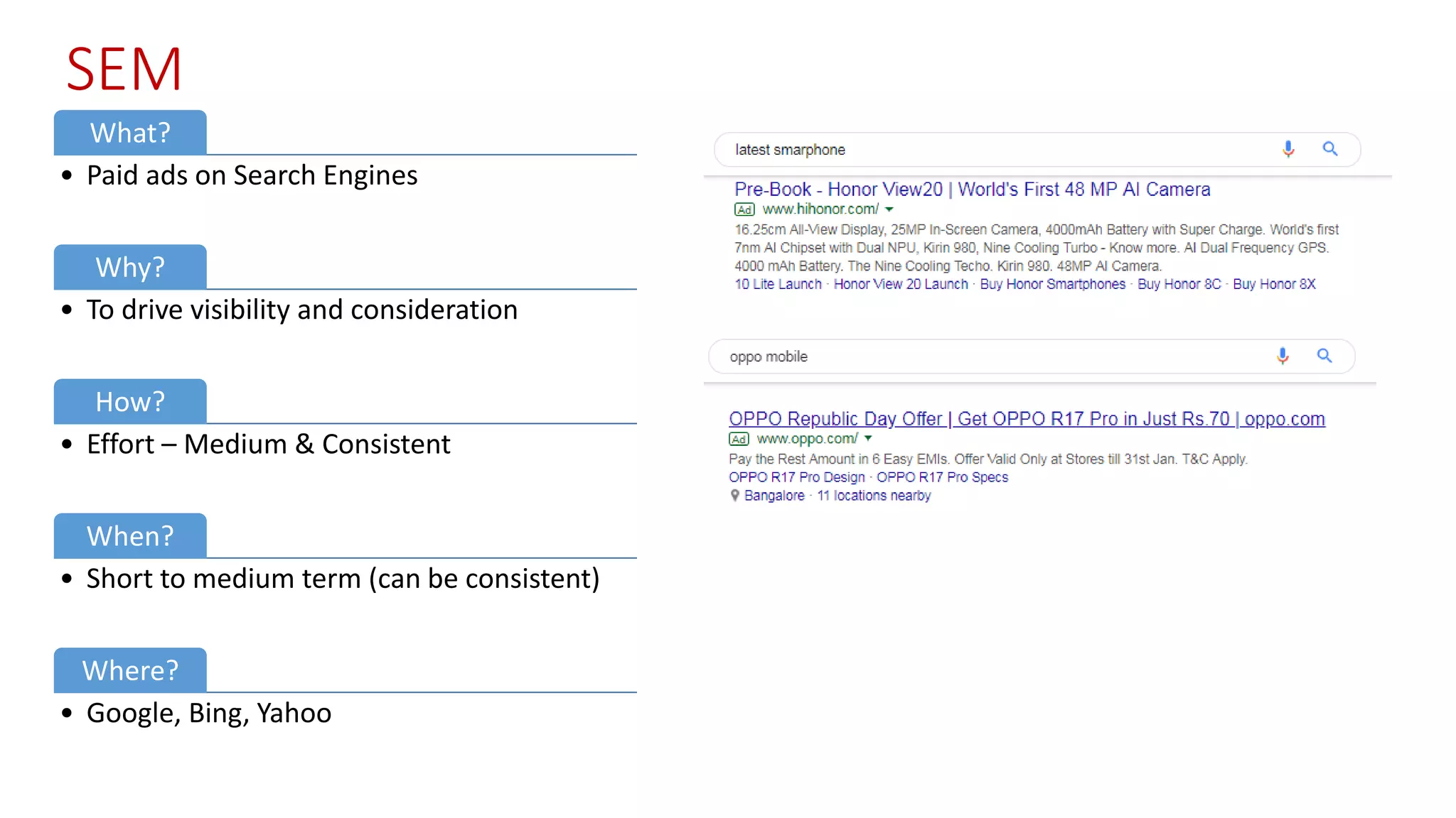 SEM
What?
• Paid ads on Search Engines
Why?
• To drive visibility and consideration
How?
• Effort – Medium & Consistent
When?
• Short to medium term (can be consistent)
Where?
• Google, Bing, Yahoo
 