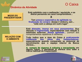 Dinâmica da Atividade O Caixa  Está satisfeito com a realização / aquisição, e se distrai pensando em seus compromissos... Tem  pressa e expectativa de agilidade na finalização da compra:  deseja ir embora, sair... “está com a cabeça em outro lugar”  X Está  distraído, imerso em seus pensamentos.  Sua atenção é  fragmentada , especialmente com relação à estímulos externos:  deseja agilidade...  ( comum aos comportamentos repetitivos e rotineiros)  Tudo indica que a área do Caixa é  praticamente indiferente aos olhos dos freqüentadores,  especialmente quando comparado ao potencial de envolvimento que o espaço interno da Banca oferece...  A  compra de cigarros é rotineira e mecanizada:  em alguns casos, o atendente já oferece e/ou sabe a marca habitual do freqüentador MOOD DO FREQÜENTADOR RELAÇÃO COM O AMBIENTE 