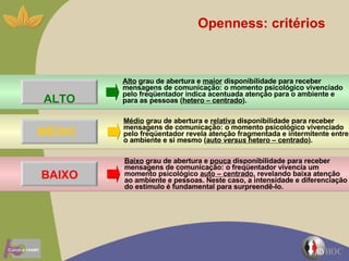 ALTO Alto  grau de abertura e  maior  disponibilidade para receber mensagens de comunicação: o momento psicológico vivenciado pelo freqüentador indica acentuada atenção para o ambiente e  para as pessoas ( hetero – centrado ).  MÉDIO Médio  grau de abertura e  relativa   disponibilidade para receber mensagens de comunicação: o momento psicológico vivenciado pelo freqüentador revela atenção fragmentada e intermitente entre o ambiente e si mesmo ( auto  versus  hetero – centrado ). Baixo  grau de abertura e  pouca  disponibilidade para receber mensagens de comunicação: o freqüentador   vivencia um momento psicológico  auto – centrado , revelando baixa atenção ao ambiente e pessoas. Neste caso, a intensidade e diferenciação do estímulo é fundamental para surpreendê-lo.  Openness:  critérios   BAIXO 