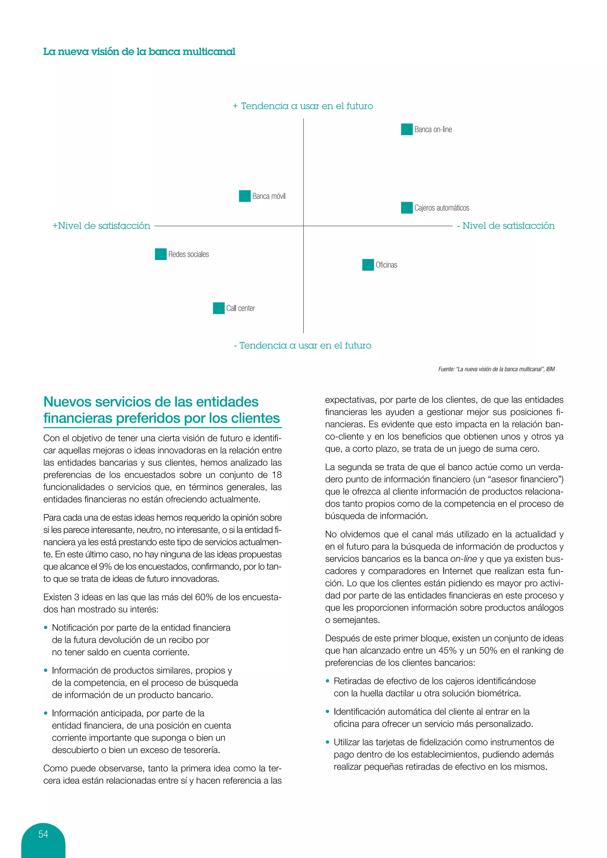 La nueva visión de la banca multicanal




                                                                                                      Banca on-line




                                                                Banca móvil
                                                                                                      Cajeros automáticos




                                     Redes sociales
                                                                                           Oﬁcinas




                                                      Call center




                                                                                                              Fuente: “La nueva visión de la banca multicanal”, IBM




 Nuevos servicios de las entidades                                            expectativas, por parte de los clientes, de que las entidades
                                                                              financieras les ayuden a gestionar mejor sus posiciones fi-
 financieras preferidos por los clientes                                      nancieras. Es evidente que esto impacta en la relación ban-
 Con el objetivo de tener una cierta visión de futuro e identifi-             co-cliente y en los beneficios que obtienen unos y otros ya
 car aquellas mejoras o ideas innovadoras en la relación entre                que, a corto plazo, se trata de un juego de suma cero.
 las entidades bancarias y sus clientes, hemos analizado las                  La segunda se trata de que el banco actúe como un verda-
 preferencias de los encuestados sobre un conjunto de 18                      dero punto de información financiero (un “asesor financiero”)
 funcionalidades o servicios que, en términos generales, las                  que le ofrezca al cliente información de productos relaciona-
 entidades financieras no están ofreciendo actualmente.                       dos tanto propios como de la competencia en el proceso de
 Para cada una de estas ideas hemos requerido la opinión sobre                búsqueda de información.
 si les parece interesante, neutro, no interesante, o si la entidad fi-       No olvidemos que el canal más utilizado en la actualidad y
 nanciera ya les está prestando este tipo de servicios actualmen-             en el futuro para la búsqueda de información de productos y
 te. En este último caso, no hay ninguna de las ideas propuestas              servicios bancarios es la banca on-line y que ya existen bus-
 que alcance el 9% de los encuestados, confirmando, por lo tan-               cadores y comparadores en Internet que realizan esta fun-
 to que se trata de ideas de futuro innovadoras.                              ción. Lo que los clientes están pidiendo es mayor pro activi-
 Existen 3 ideas en las que las más del 60% de los encuesta-                  dad por parte de las entidades financieras en este proceso y
 dos han mostrado su interés:                                                 que les proporcionen información sobre productos análogos
                                                                              o semejantes.
 •	 Notificación por parte de la entidad financiera
    de la futura devolución de un recibo por                                  Después de este primer bloque, existen un conjunto de ideas
    no tener saldo en cuenta corriente.                                       que han alcanzado entre un 45% y un 50% en el ranking de
                                                                              preferencias de los clientes bancarios:
 •	 Información de productos similares, propios y
    de la competencia, en el proceso de búsqueda                              •	 Retiradas de efectivo de los cajeros identificándose
    de información de un producto bancario.                                      con la huella dactilar u otra solución biométrica.

 •	 Información anticipada, por parte de la                                   •	 Identificación automática del cliente al entrar en la
    entidad financiera, de una posición en cuenta                                oficina para ofrecer un servicio más personalizado.
    corriente importante que suponga o bien un                                •	 Utilizar las tarjetas de fidelización como instrumentos de
    descubierto o bien un exceso de tesorería.                                   pago dentro de los establecimientos, pudiendo además
 Como puede observarse, tanto la primera idea como la ter-                       realizar pequeñas retiradas de efectivo en los mismos.
 cera idea están relacionadas entre sí y hacen referencia a las




54
 