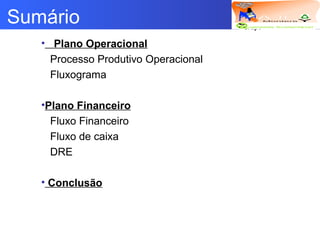 Logotipo da empresa
Criação do
Grupo
Sumário
• Plano Operacional
Processo Produtivo Operacional
Fluxograma
•Plano Financeiro
Fluxo Financeiro
Fluxo de caixa
DRE
• Conclusão
 