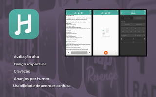 + Avaliação alta
+ Design impecável
+ Gravação
+ Arranjos por humor
- Usabilidade de acordes confusa.
 