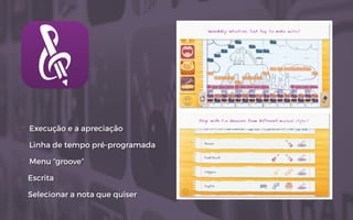 + Execução e a apreciação
+ Linha de tempo pré-programada
+ Menu “groove”
- Escrita
- Selecionar a nota que quiser
 