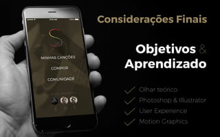 Considerações Finais
Objetivos &
Aprendizado
Olhar teórico
Photoshop & Illustrator
User Experience
Motion Graphics
 