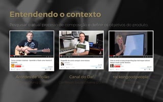 Entendendo o contexto
Pesquisar o atual processo de composição e definir os objetivos do produto;
Acordes de Violão
Bruno Grunig (2013)
Canal do Daf
Darfferson Souza Oliveira (2014)
rockongoodpeople
Zosia (2009)
 