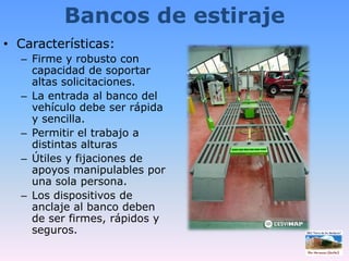 Bancos de estirajeCaracterísticas:Firme y robusto con capacidad de soportar altas solicitaciones.La entrada al banco del vehículo debe ser rápida y sencilla.Permitir el trabajo a distintas alturasÚtiles y fijaciones de apoyos manipulables por una sola persona.Los dispositivos de anclaje al banco deben de ser firmes, rápidos y seguros.